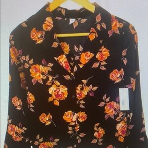 NWT Nordstrom BP Women’s XXS Floral Button Up Black Cropped Blouse Oversized
